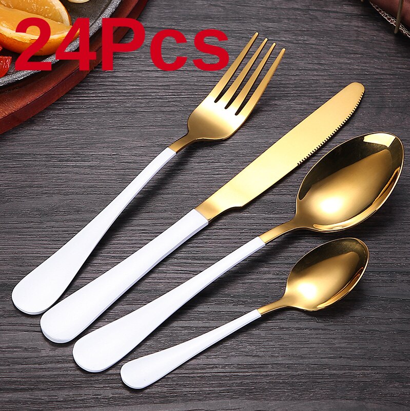 24 stk sort guld bordservice sæt gaffel ske kniv 18/10 rustfrit stål bestik sæt middagsstel sæt trækasse: Hvidt guld