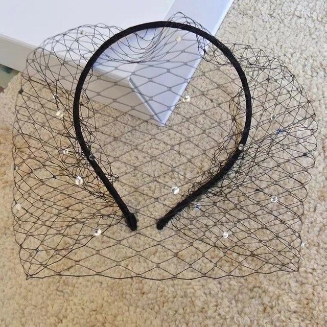 Hvidt pandebånd slør strass hårspænde til brude fuglebur ansigt netmaske hår tilbehør slør charmerende til bryllup fascinator: Stil -1 sort