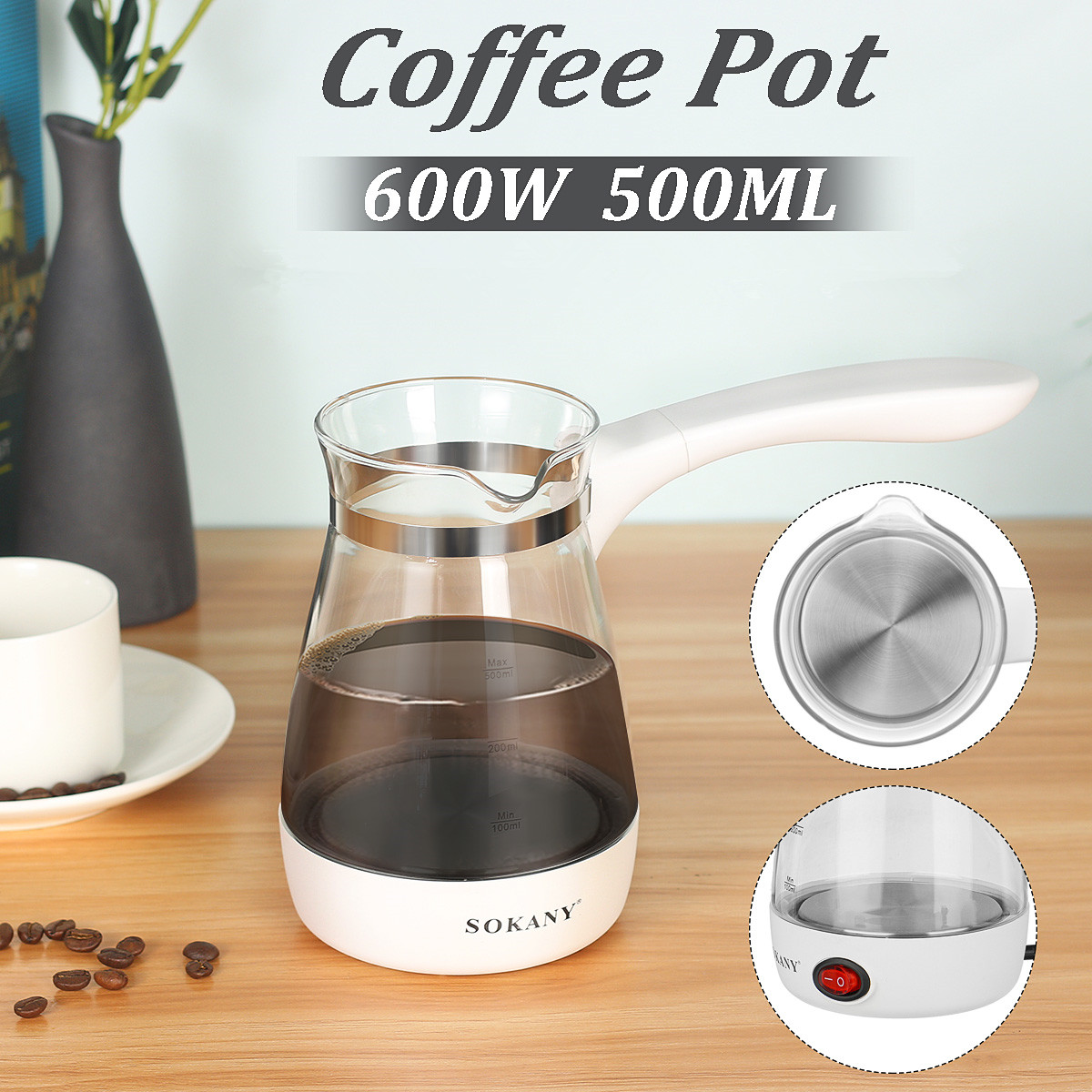 500ml kaffemaskine pot hjemmet elektrisk tyrkisk græsk kaffekedel bærbar eu-stik klart glas + rustfrit stål varmebestandigt