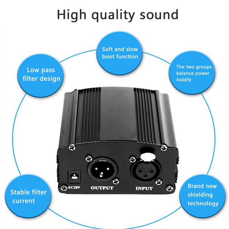 Fuente de alimentación Phantom de 48V con adaptador para micrófono de condensador, grabación de estudio