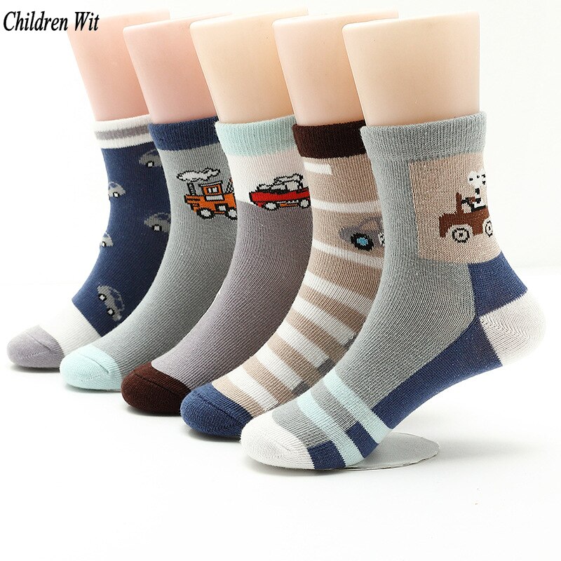 Chaussettes en coton pour enfants de 3 à 15 ans, pour garçons, jolis motifs de dessins animés, automne et hiver, 5 paires/lot