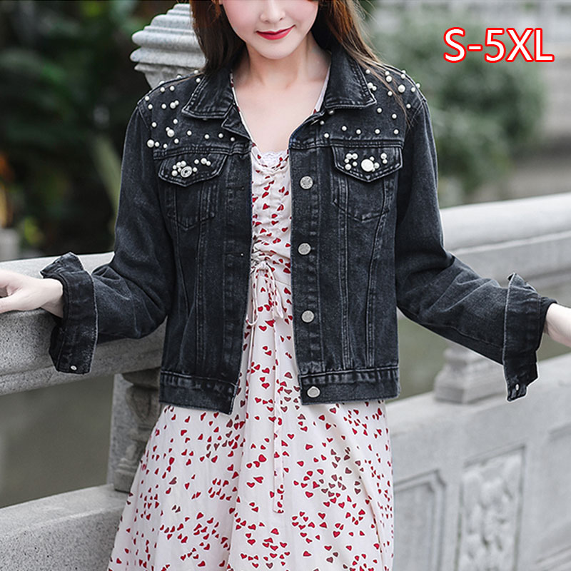 Plus size parel kralen korte denim jasjes 3xl 5xl dames wit gewassen lange mouwen vintage casual jeans jasje bomber denim jas