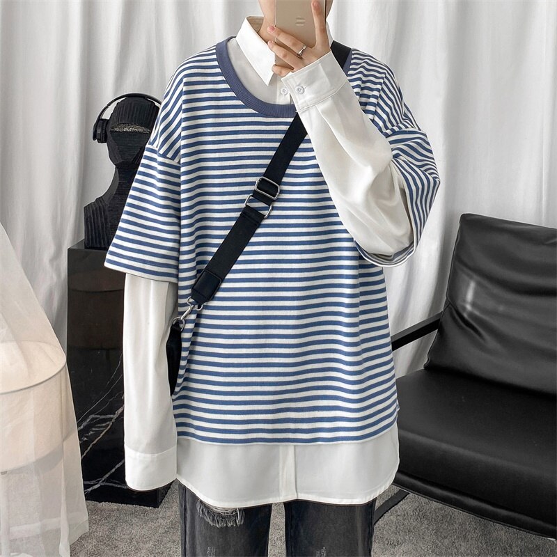 Hommes orthographe couleur rayure manteaux faux deux pièces Patchwork chemise hawaïenne manchette française hommes chemises Camisa Masculina