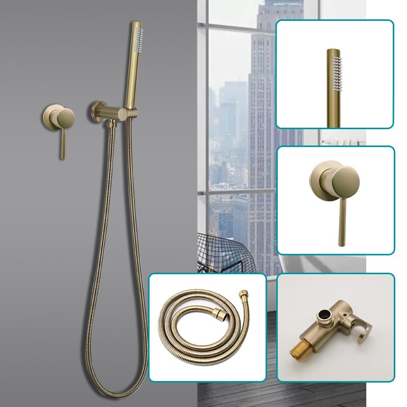 Brushed Gold Hand Shower System Set with Wall Mounted Concealed Tap Faucet Mixer Round and Square and Cold Bathroom Fixture
