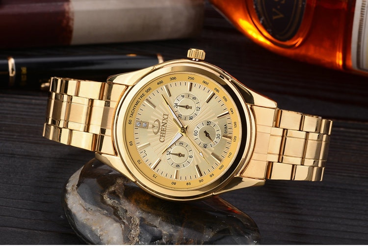 Volledige Roestvrij Horloge Waterdicht Luxe Gold Business Klok Quartz-Horloge Gouden Horloges Mannen Casual Mode Voor