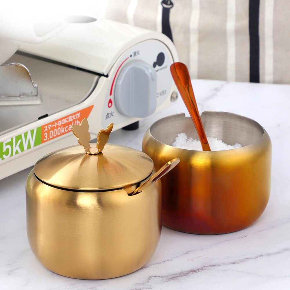 Rostfritt stål shaker och peppar shaker med lock och sked kryddor gryta socker skål salt kök arrangör förvaringsverktyg
