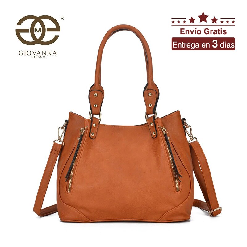 Giovanna Milano Bolso mujer de hombro grande con doblado bolsos de mano para chicas tote casual con correa ajustable y cremalleras de adorno PU en color liso cierre con cremallera tamaño oficina T10969