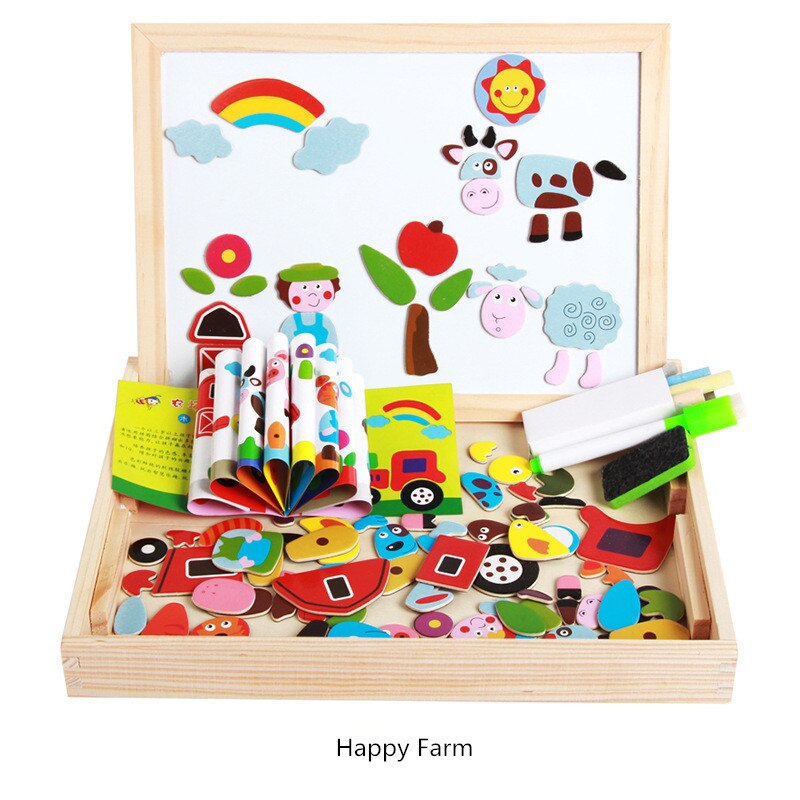 15 Style Wooden Magnetic Puzzle Double-Sided Drawing Board Farm/Animals/Vehicle/Circus Puzzle Toys for Children With Box: B