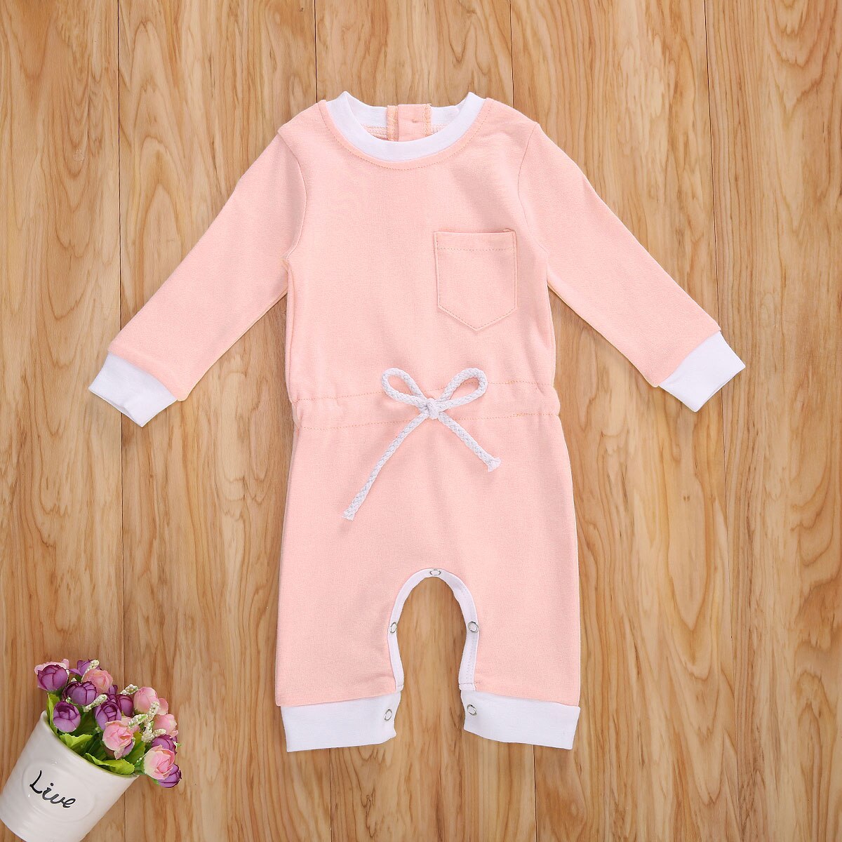 Baby Baby Meisjes Jongens Solid Romper Lange Mouwen Elastische Taille Een Stuk Jumpsuit Met Front Pocket Lente Herfst Kleding