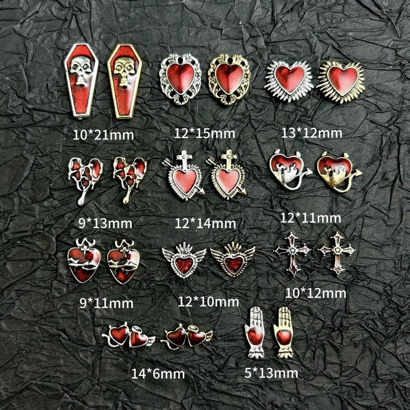 Nuevos dijes de aleación Retro para uñas con forma de corazón, Cruz de Metal 3D, calavera, prensa francesa, accesorios de decoración para uñas, manualidades DIY Y2K