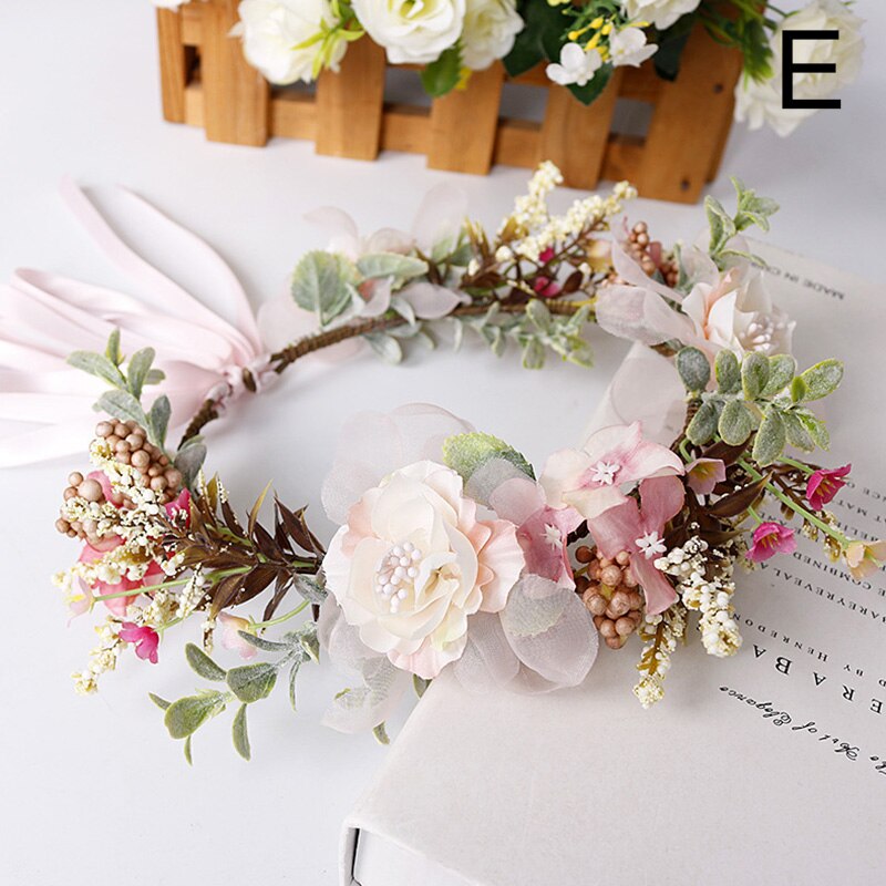 Flower Headband Spring Bohemian Flower Crowns Floral Garland Faux Rose Wedding Wreaths Braided Hair Vine Headpiece Hair Ornament: E