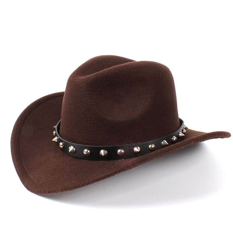 Damer uldfilt vestlig cowboyhue med sammenrullet bred kant gentleman lady jazz cowgirl punk nittebælte sombrero caps  c18: Kaffe