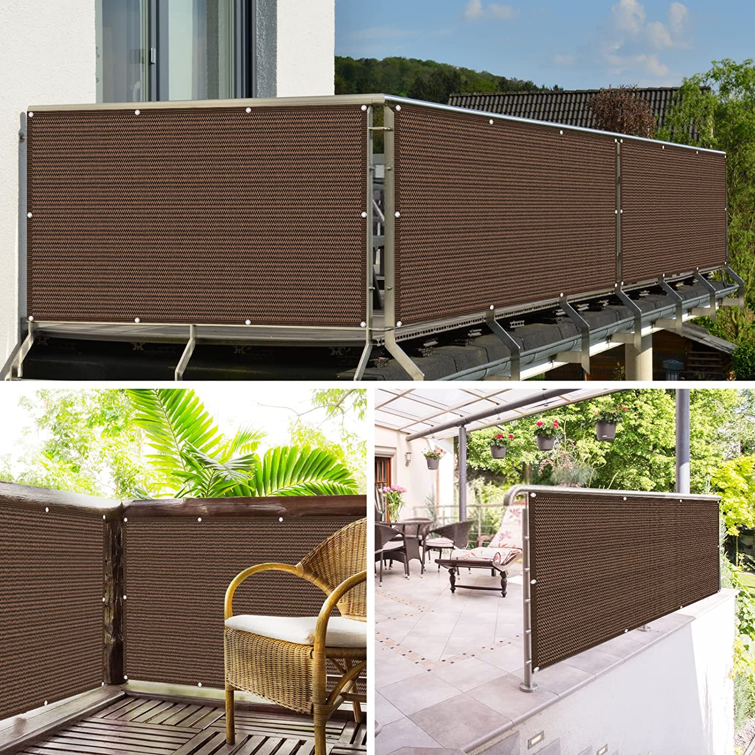 Patio Fence Privacy Screen-160GSM Brown Fencing Mesh Shade Net Cover ,Shade Windscreen Mesh Fabric with Gromment and Zip Tie