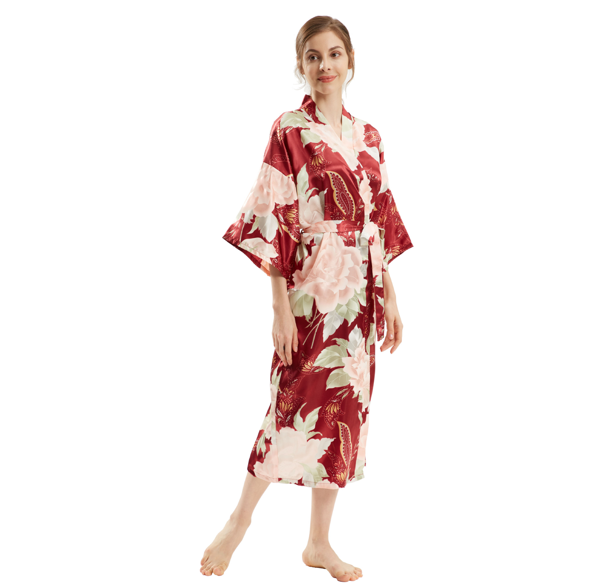 Sexy Bride Bridesmaid Wedding Dressing Woman Kimono Flower Print Satin Silk Yukata Bathing Robe: Gold