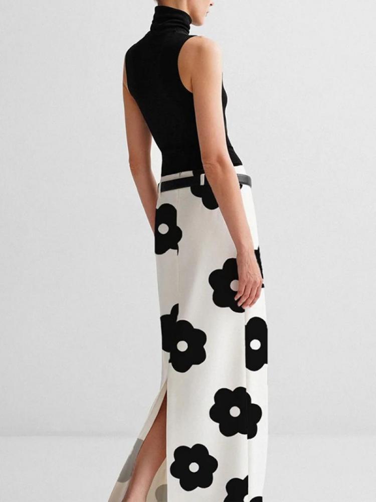 Bonboho Black and White Women's Skirt High Waist Floral Printed H-line Skirts Split-back Regular Fit Floor Length Bottoms