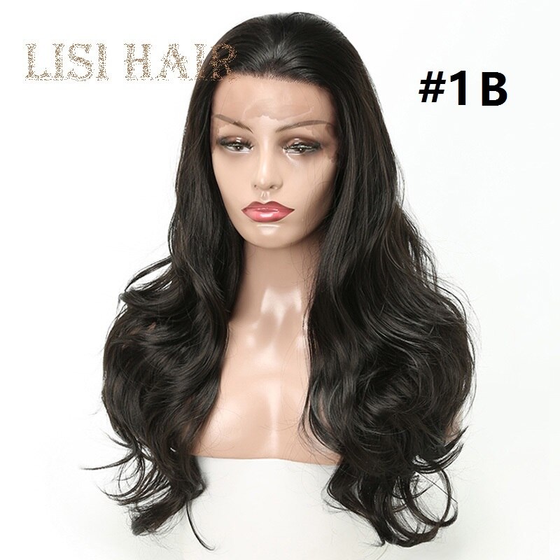 LISI, peluca frontal de encaje sintético ondulado largo de color negro puro para mujeres, cabello clásico de 26 pulgadas: #1B
