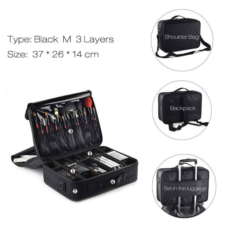 Frauen Kosmetik Tasche Reise Make-Up Organizer Professionelle Machen Up Box Kosmetik Tasche Taschen Schönheit Fall Für Make-Up Künstler: Black M 3 Layers