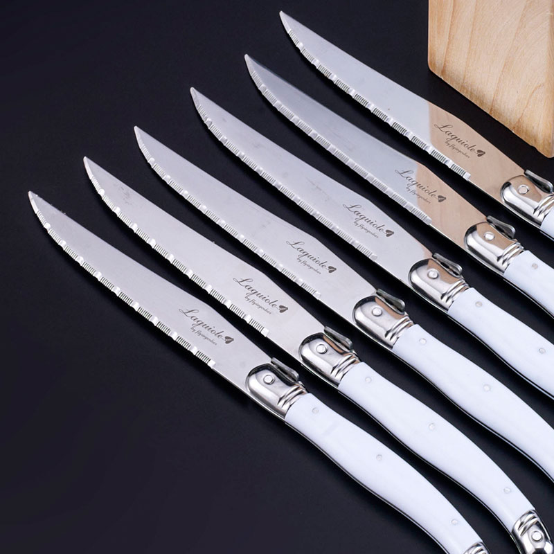 Conjunto de facas de bife de aço inoxidável, 6 peças/7 peças, facas de bife laguiole com suporte de madeira, faca de jantar de aço colorida, conjunto de talheres de natal