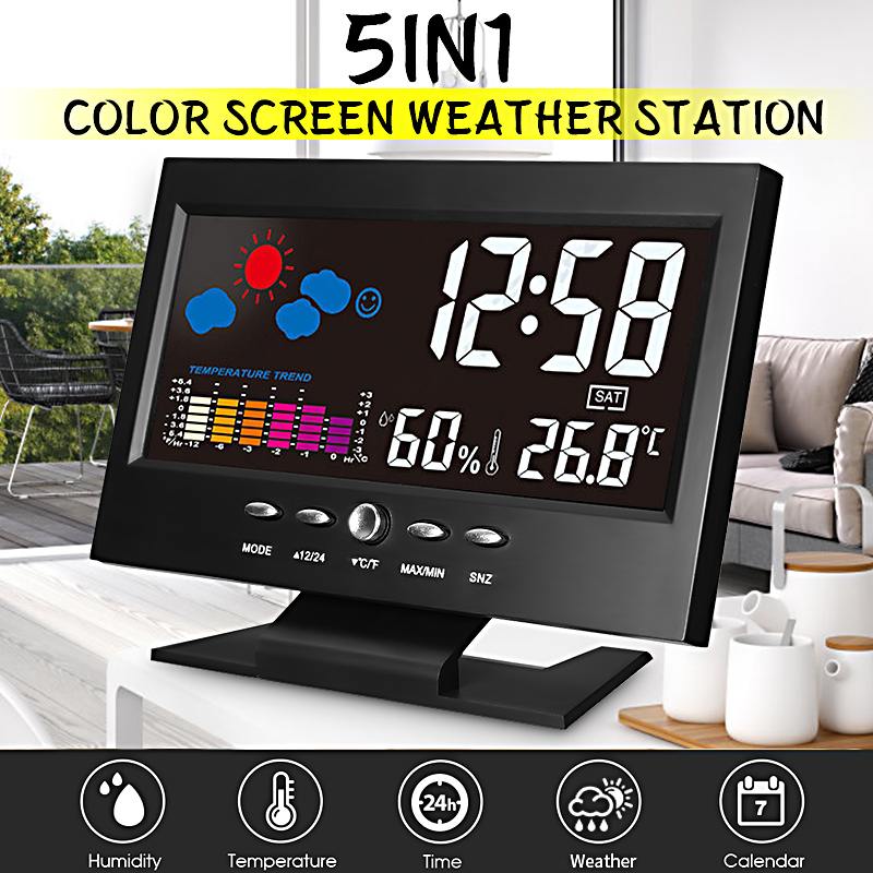 LCD Back Light Desk Clock Indoor Weather Station Alarm Clock Time/Date/Week/Alarm/Temp/Humidity/Weather/Snooze Display