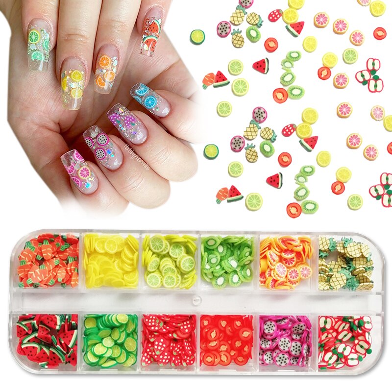 Pegatinas en 3D de frutas para decoración de uñas, accesorios Nail Art con de frutas de tamaño variado, puntas de manicura, 1 caja