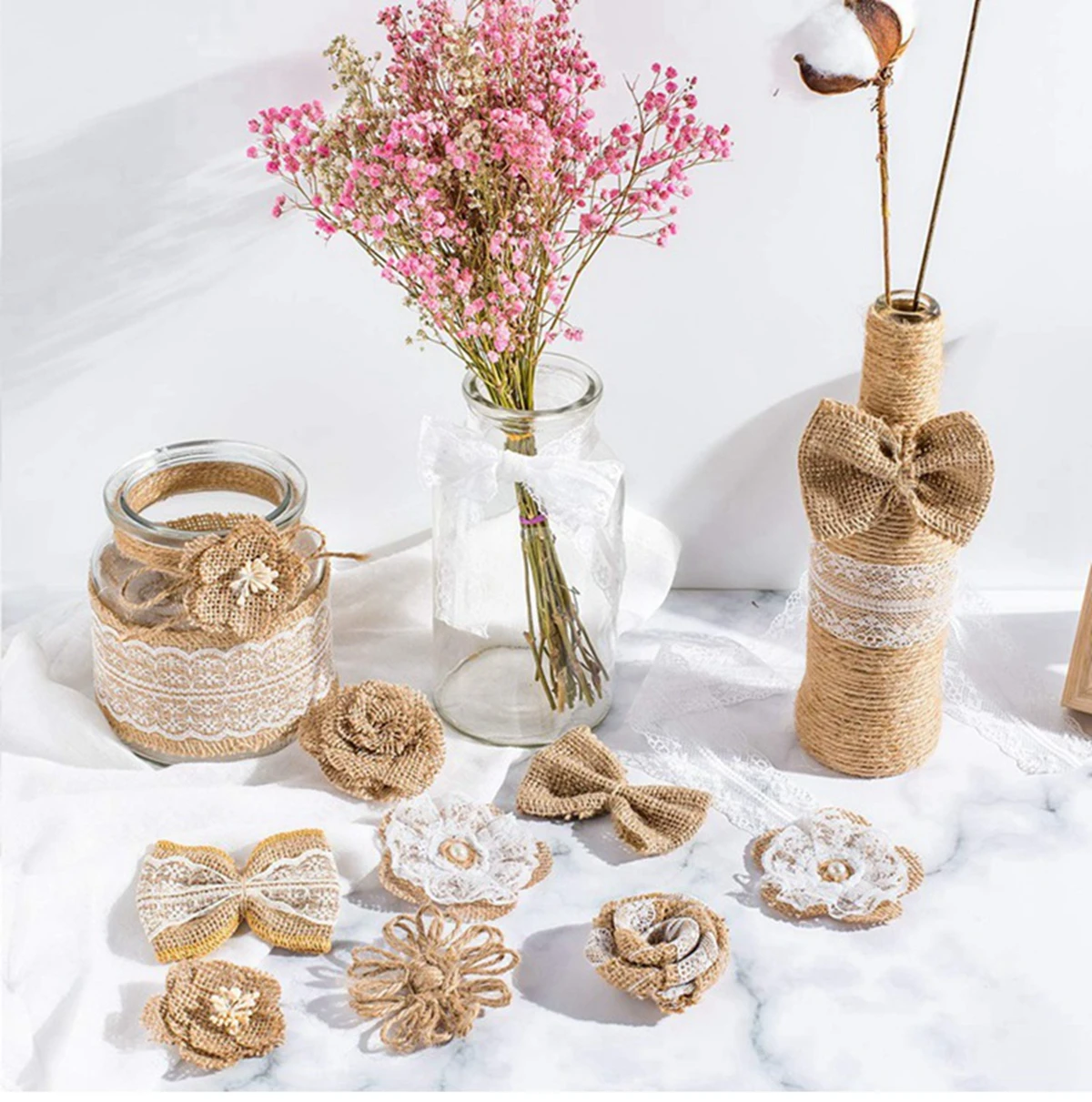 Cinta de encaje de arpillera de yute Natural de 2 metros y 5cm con borde de encaje blanco, decoración rústica de boda para boda, cintas artesanales con lazo DIY