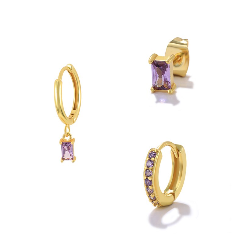 AIDE 3 piezas para mujer, Pendientes colgantes de circón verde, negro, blanco y púrpura, aros chapados en oro, joyería de: D