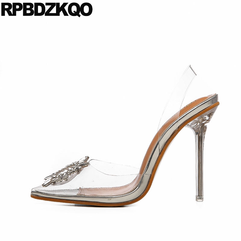 Transparente Mujer Diamante de imitación escarpin claro diamante barato plata stiletto Delgado cristal punta puntiaguda señoras zapatos de tacón alto bombas