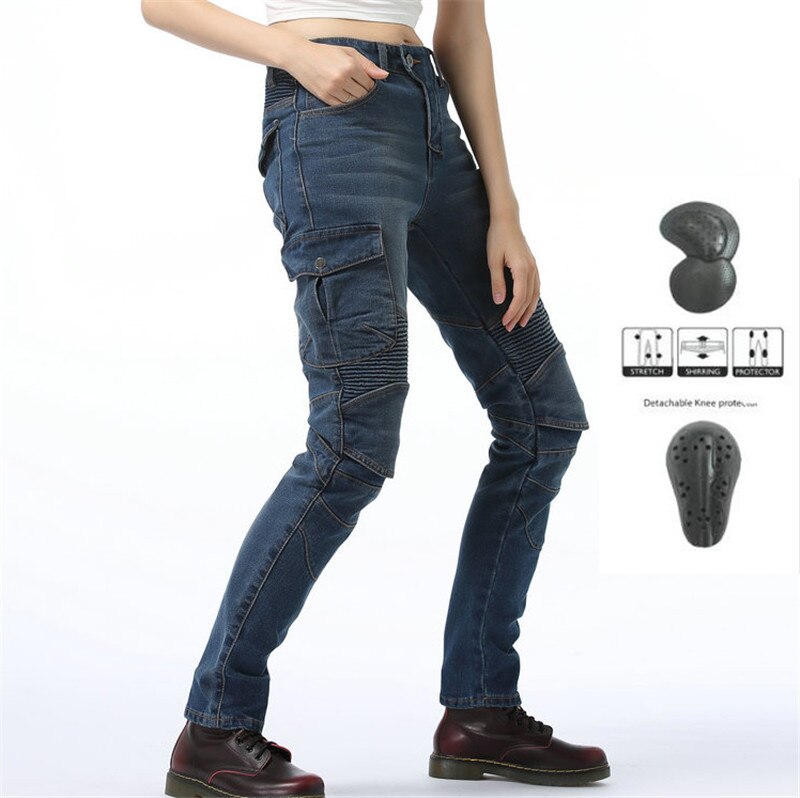 Komine Same Style Spring and Autumn Female Motorcyclist Anti-fall Jeans With Protective Gear Women Knight Moto Pants Equipment: blue B / 26