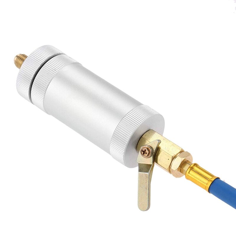 Eyector de tinte de aceite de compresor R134A, 1/4 pulgadas SAE macho y hembra, refrigeración de doble cabezal, aire acondicionado, cilindro de llenado de aceite R