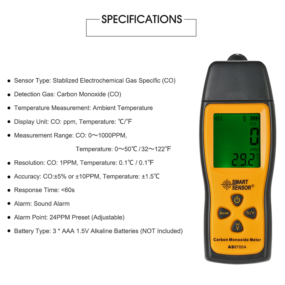 jak8700A ręczny tlenek węgla miernik testowy CO detektor wycieku gazu analizator gazów wycieku miernik zakres 1000ppm alarm dźwiękowy i świetlny