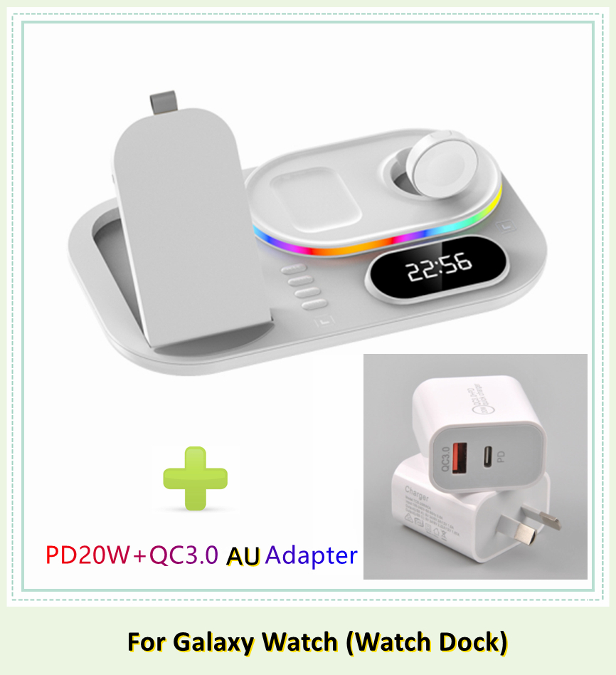 2022 RGB Wireless Charger Dock Qi 4 in 1 Charging Station Compatible with Apple Airpods iPhone 12 13 Samsung S21 Galaxy Watch: White Galaxy AU Plug