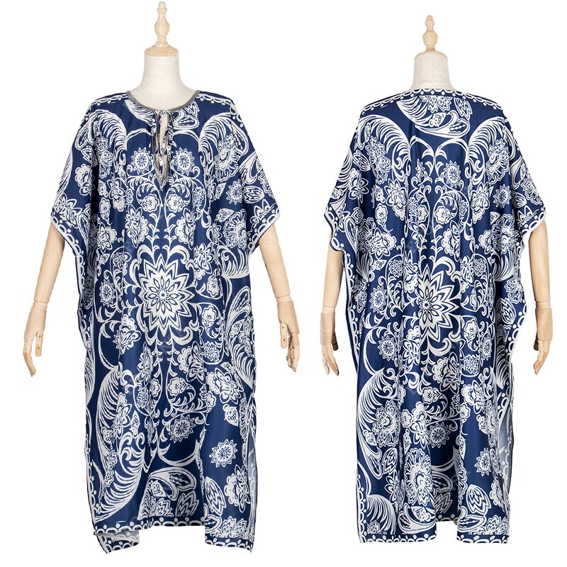 Boheme printet sommer strandkjole badedragt cover-ups plus size kvinder strand wear badedragt cover up blå bomuld tunika  a132