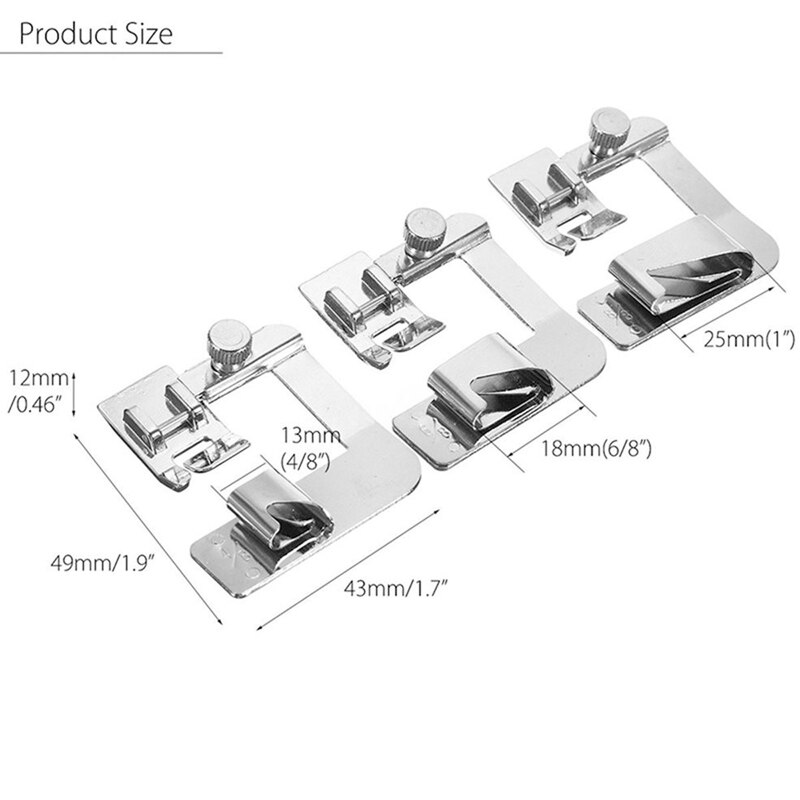 3Pcs 13/19/22mm Domestic Sewing Machine Foot Presser Foot Rolled Hem Feet For Brother Singer Sewing Accessories