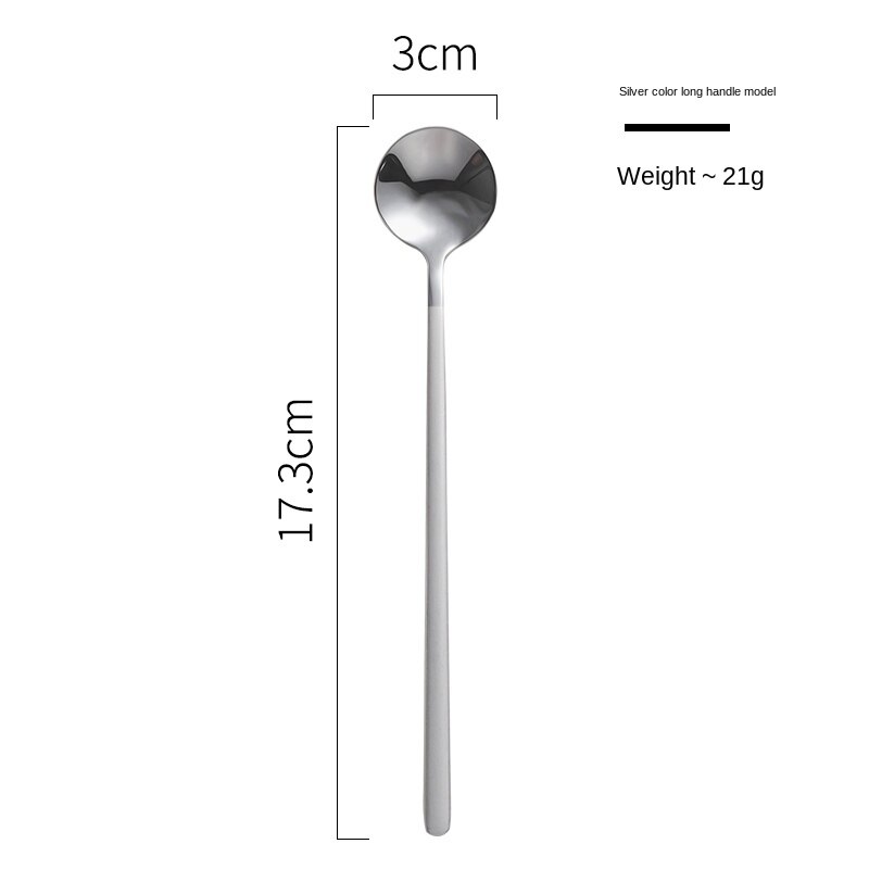 Small Spoon Coffee Spoon for Yogurt Ice Cream Dessert Long Handled Spoon Cutlery Kitchen Tainless Steel Round Teaspoon: Silver - L