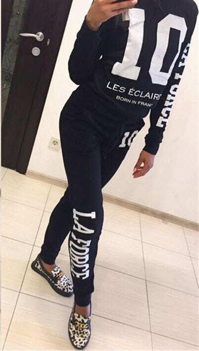 Number 10 01 Suit Set Women Tracksuit Two-piece Style Outfit Sweatshirt Sport Wear: Black / S