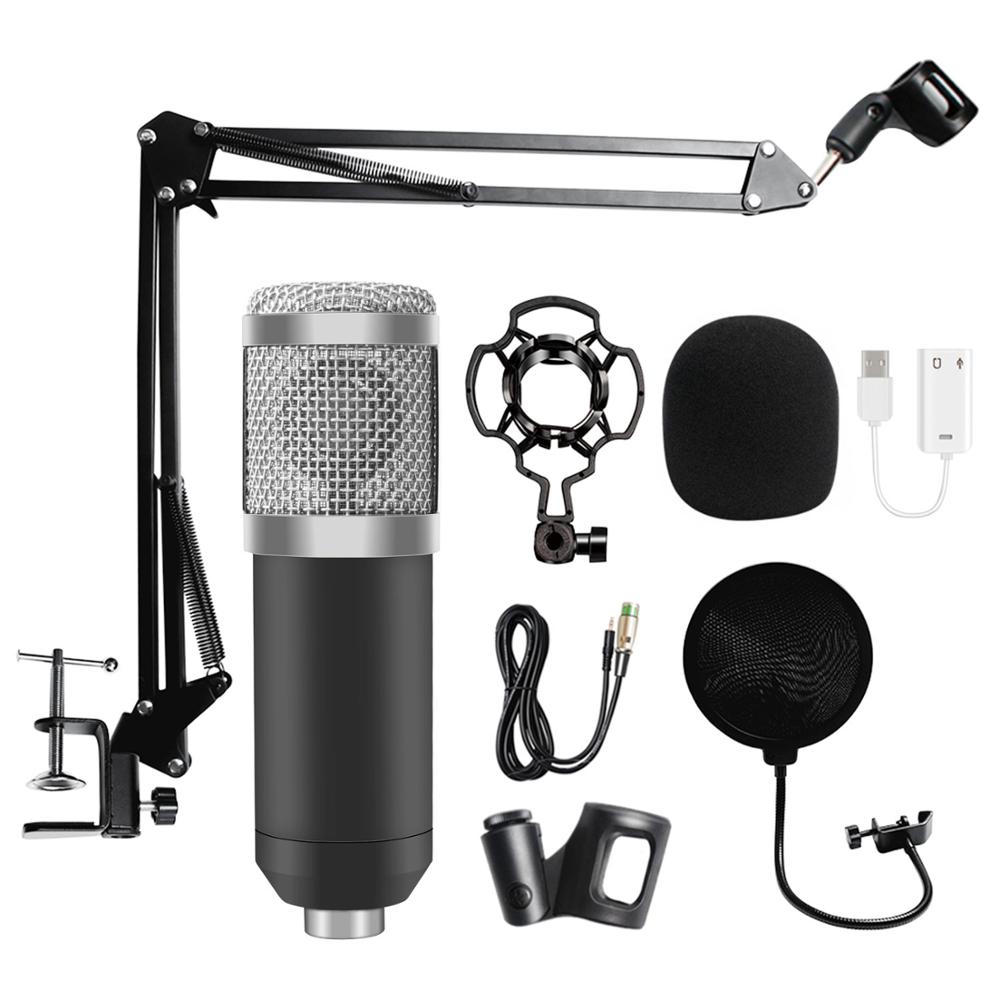 USB Condenser Microphone With Adjustable Tabletop Mic Arm shock mount For Studio Recording Vocals Voice: Silver