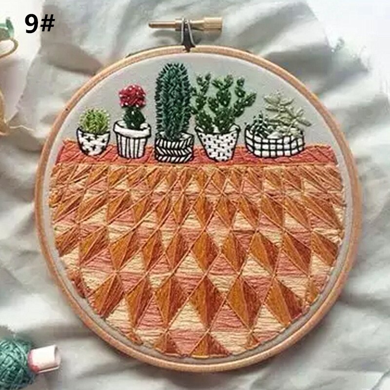 Patrones de Cactus DIY serie de plantas bordadas, manualidades, principiantes, bordado, suministros de iniciación, pintura colgante, decoración, aro: 9