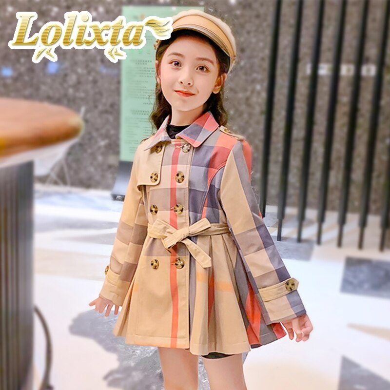kids 5-17 year plaid long trench double button coats for little girls teens teenage korean autumn winter outwear clothes