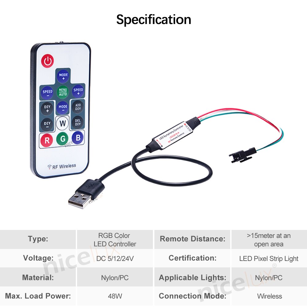Usb Controller Voor 3 Pin WS2812 Digitale Led Pixel Strip Met Draadloze Rf-afstandsbediening Diy WS2812B Controle Jst Connector Kabel SK6812