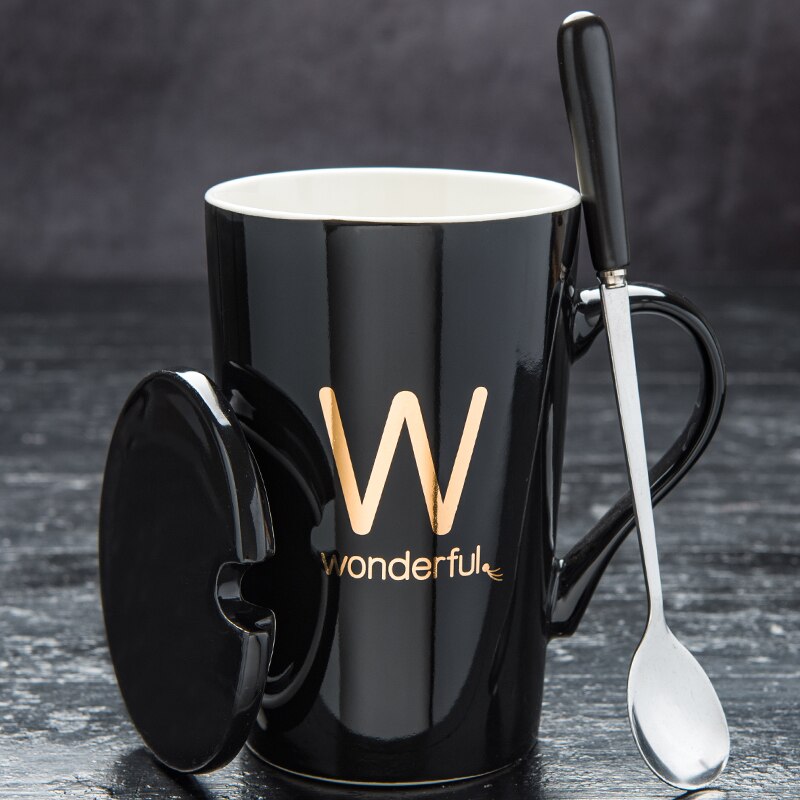 couple ceramic mug with lid spoon trend men and women household drinking cup personality milk coffee tea cup cup: G