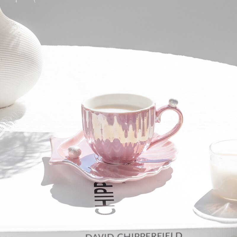 Taza y platillo de perlas de concha hermosa para café, té, vajilla de cerámica para cocina y oficina, elegantes de café de cumpleaños y boda, 240ml: 240ml1
