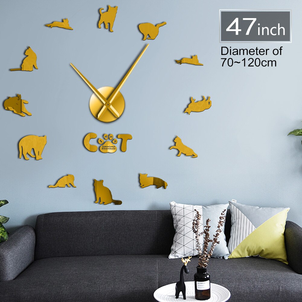 Amerikaanse Korthaar Kat Rassen Met Spiegel Numbers Stickers Wall Art Klok Horloge Kitty Dieren 3D Diy Acryl Wandklok