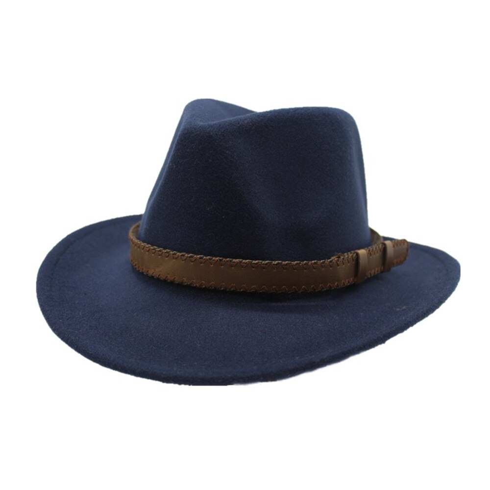 Sombrero de vaquero con cinturón de ala ancha para hombre y mujer, sombrero Trilby de lana, talla 56-58CM: Dark Blue