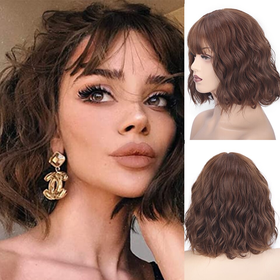 SUe EXQUISITE Wavy Wig 12'' Short Bob Wigs With Air Bangs Shoulder Length Women's Curly Wavy Short Wig for Halloween Costume: MS1936-8-12-30