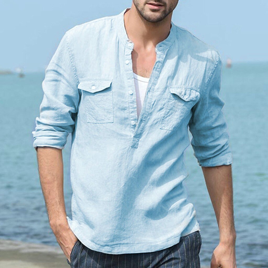 FREE OSTRICH Casual Shirt Men's Loose Cotton Linen Pocket Solid Color Long Sleeve Shirt Casual Comfortable Men's Shirts: BU / S