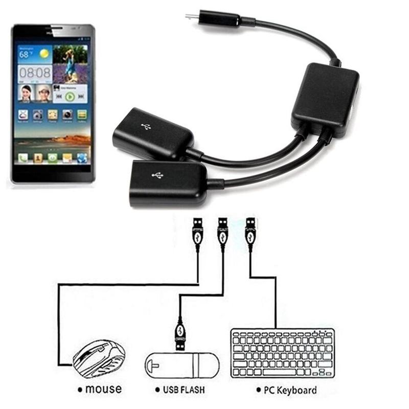 1Pcs 2in1 Micro USB Dual Host OTG Cable Hub Y Splitter Adapter Cable Tablet Black Data Cable For Android Smartphones Supply