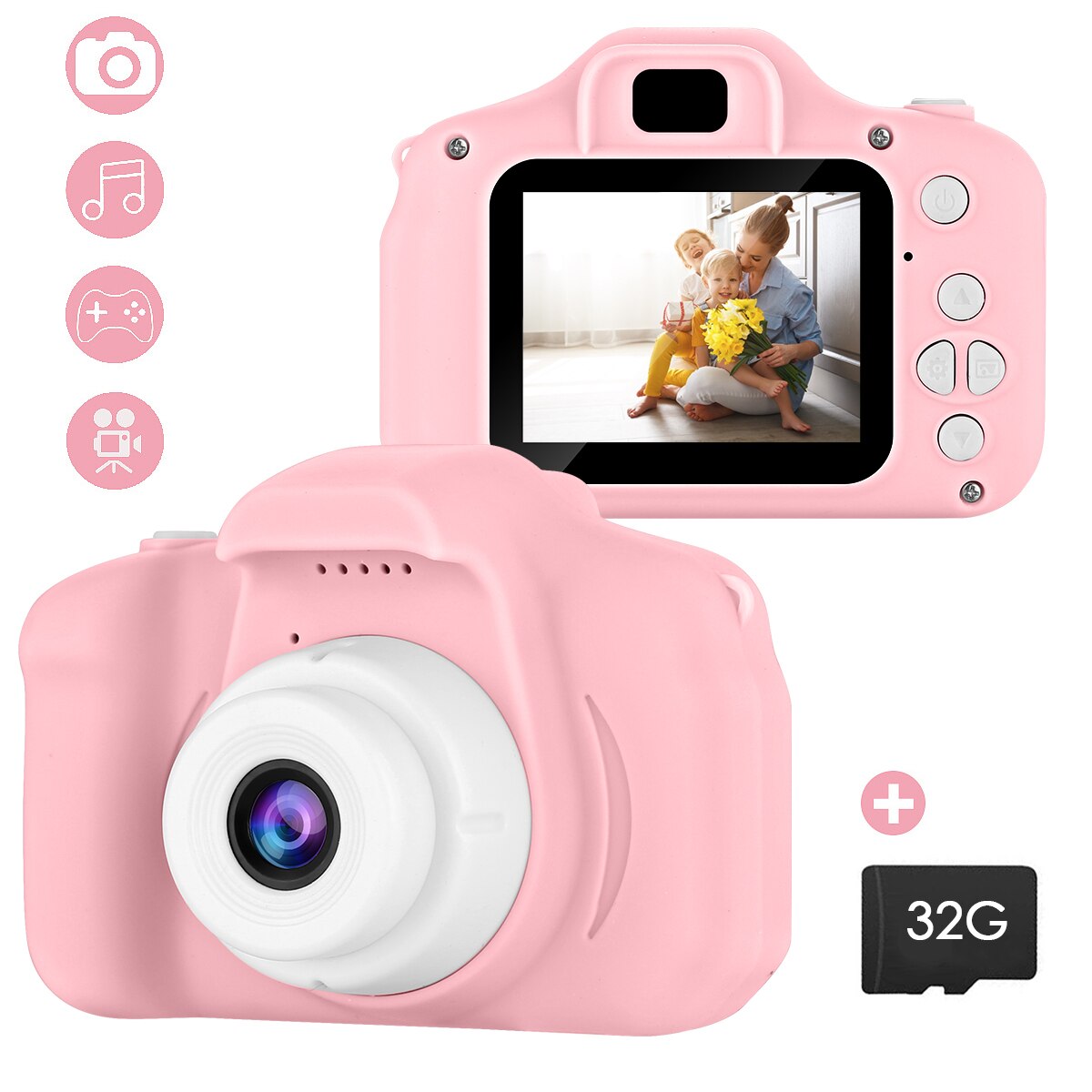 Børnekamera 13mp linse 2 tommer hd-skærm mini digitalt kamera usb genopladeligt med 32g hukommelseskort til børns drengepiger: Lyserød