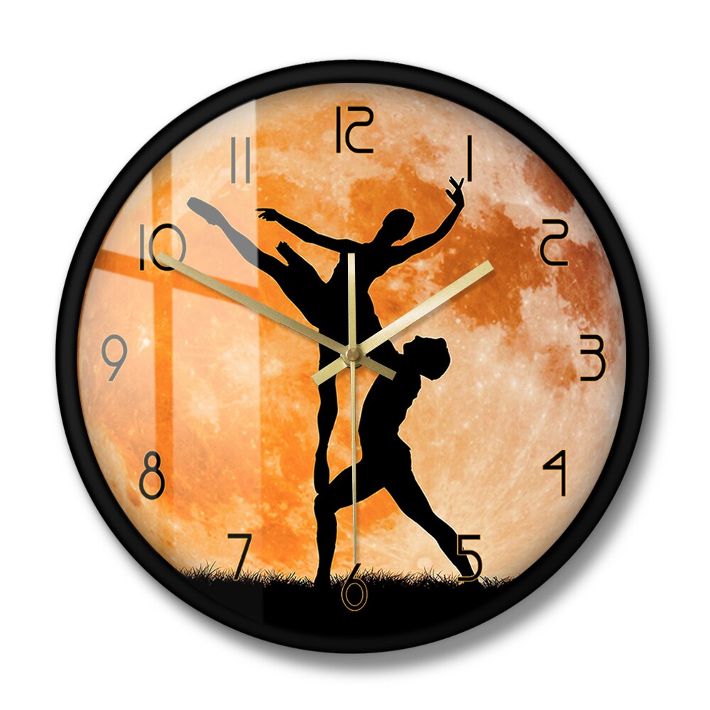 Couple Dancers Modern Wall Clock For Social Dancing Studio Room Ballroom Dance In The Gold Moon Silent Sweep Wall Watch