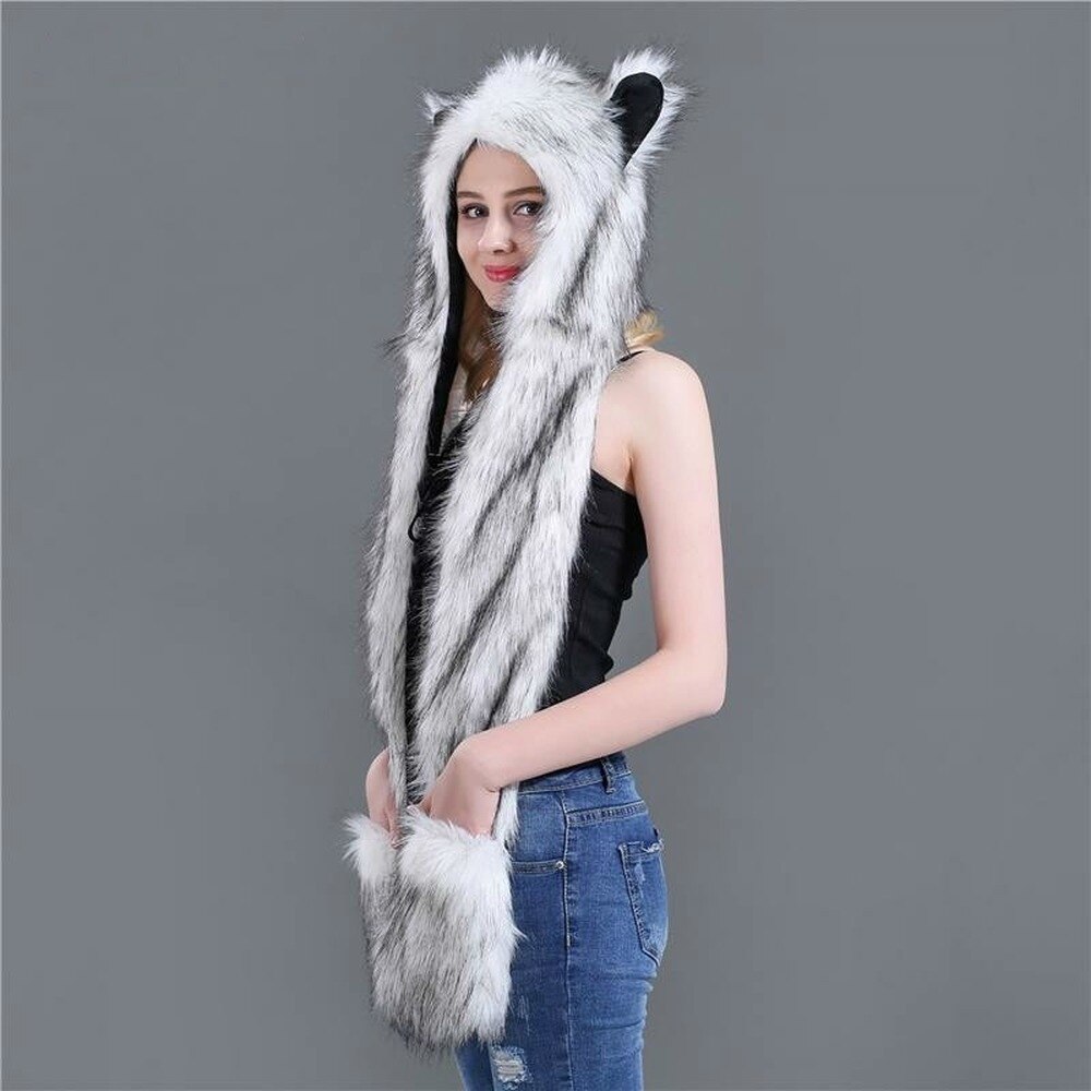Women Animal Hat Ear Flaps Hand Pockets Warm Winter Faux Fur Hat Fluffy Plush Cap Hood Scarf Shawl Glove