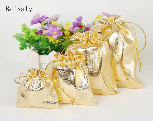 50pcs/lot 11x16 13x18 15x20 17x23cm Golden/Silver Color Drawstring Organza bag Christmas Wedding Jewelry Packaging bags: Golden / 13x18cm